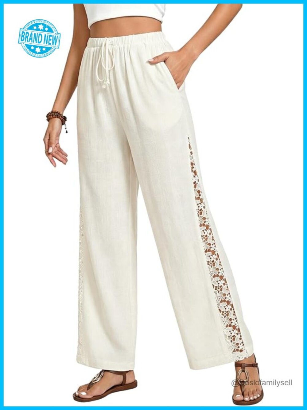 Wide Leg Linen Blend Pants with Crochet Panels Elastic Waist Casual
